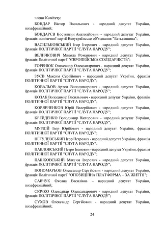 24
члени Комітету:
БОНДАР Віктор Васильович - народний депутат України,
позафракційний;
БОНДАРЄВ Костянтин Анатолійович - народний депутат України,
фракція політичної партії Всеукраїнське об’єднання "Батьківщина";
ВАСИЛЬКОВСЬКИЙ Ігор Ігорович - народний депутат України,
фракція ПОЛІТИЧНОЇ ПАРТІЇ "СЛУГА НАРОДУ";
ВЕЛИЧКОВИЧ Микола Романович - народний депутат України,
фракція Політичної партії "ЄВРОПЕЙСЬКА СОЛІДАРНІСТЬ";
ГОРЕНЮК Олександр Олександрович - народний депутат України,
фракція ПОЛІТИЧНОЇ ПАРТІЇ "СЛУГА НАРОДУ";
ЗУЄВ Максим Сергійович - народний депутат України, фракція
ПОЛІТИЧНОЇ ПАРТІЇ "СЛУГА НАРОДУ";
КОВАЛЬОВ Артем Володимирович - народний депутат України,
фракція ПОЛІТИЧНОЇ ПАРТІЇ "СЛУГА НАРОДУ";
КОЗАК Володимир Васильович - народний депутат України, фракція
ПОЛІТИЧНОЇ ПАРТІЇ "СЛУГА НАРОДУ";
КОРЯВЧЕНКОВ Юрій Валерійович - народний депутат України,
фракція ПОЛІТИЧНОЇ ПАРТІЇ "СЛУГА НАРОДУ";
КРЕЙДЕНКО Володимир Вікторович - народний депутат України,
фракція ПОЛІТИЧНОЇ ПАРТІЇ "СЛУГА НАРОДУ";
МУРДІЙ Ігор Юрійович - народний депутат України, фракція
ПОЛІТИЧНОЇ ПАРТІЇ "СЛУГА НАРОДУ";
НЕГУЛЕВСЬКИЙ Ігор Петрович -народнийдепутат України, фракція
ПОЛІТИЧНОЇ ПАРТІЇ "СЛУГА НАРОДУ";
ПАВЛОВСЬКИЙ Петро Іванович -народнийдепутат України, фракція
ПОЛІТИЧНОЇ ПАРТІЇ "СЛУГА НАРОДУ";
ПАШКОВСЬКИЙ Максим Ігорович - народний депутат України,
фракція ПОЛІТИЧНОЇ ПАРТІЇ "СЛУГА НАРОДУ";
ПОНОМАРЬОВ Олександр Сергійович - народний депутат України,
фракція Політичної партії "ОПОЗИЦІЙНА ПЛАТФОРМА – ЗА ЖИТТЯ";
САВЧУК Оксана Василівна - народний депутат України,
позафракційний;
СКІЧКО Олександр Олександрович - народний депутат України,
фракція ПОЛІТИЧНОЇ ПАРТІЇ "СЛУГА НАРОДУ";
СУХОВ Олександр Сергійович - народний депутат України,
позафракційний;
 