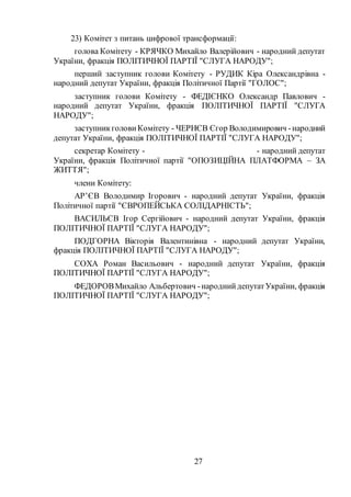 27
23) Комітет з питань цифрової трансформації:
голова Комітету - КРЯЧКО Михайло Валерійович - народний депутат
України, фракція ПОЛІТИЧНОЇ ПАРТІЇ "СЛУГА НАРОДУ";
перший заступник голови Комітету - РУДИК Кіра Олександрівна -
народний депутат України, фракція Політичної Партії "ГОЛОС";
заступник голови Комітету - ФЕДІЄНКО Олександр Павлович -
народний депутат України, фракція ПОЛІТИЧНОЇ ПАРТІЇ "СЛУГА
НАРОДУ";
заступникголови Комітету - ЧЕРНЄВ Єгор Володимирович -народний
депутат України, фракція ПОЛІТИЧНОЇ ПАРТІЇ "СЛУГА НАРОДУ";
секретар Комітету - - народний депутат
України, фракція Політичної партії "ОПОЗИЦІЙНА ПЛАТФОРМА – ЗА
ЖИТТЯ";
члени Комітету:
АР’ЄВ Володимир Ігорович - народний депутат України, фракція
Політичної партії "ЄВРОПЕЙСЬКА СОЛІДАРНІСТЬ";
ВАСИЛЬЄВ Ігор Сергійович - народний депутат України, фракція
ПОЛІТИЧНОЇ ПАРТІЇ "СЛУГА НАРОДУ";
ПОДГОРНА Вікторія Валентинівна - народний депутат України,
фракція ПОЛІТИЧНОЇ ПАРТІЇ "СЛУГА НАРОДУ";
СОХА Роман Васильович - народний депутат України, фракція
ПОЛІТИЧНОЇ ПАРТІЇ "СЛУГА НАРОДУ";
ФЕДОРОВМихайло Альбертович -народнийдепутатУкраїни, фракція
ПОЛІТИЧНОЇ ПАРТІЇ "СЛУГА НАРОДУ";
 