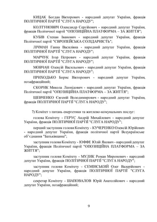 9
КИЦАК Богдан Вікторович - народний депутат України, фракція
ПОЛІТИЧНОЇ ПАРТІЇ "СЛУГА НАРОДУ";
КОЛТУНОВИЧ Олександр Сергійович - народний депутат України,
фракція Політичної партії "ОПОЗИЦІЙНА ПЛАТФОРМА – ЗА ЖИТТЯ";
КУБІВ Степан Іванович - народний депутат України, фракція
Політичної партії "ЄВРОПЕЙСЬКА СОЛІДАРНІСТЬ";
ЛІЧМАН Ганна Василівна - народний депутат України, фракція
ПОЛІТИЧНОЇ ПАРТІЇ "СЛУГА НАРОДУ";
МАРЧУК Ігор Петрович - народний депутат України, фракція
ПОЛІТИЧНОЇ ПАРТІЇ "СЛУГА НАРОДУ";
МОВЧАН Олексій Васильович - народний депутат України, фракція
ПОЛІТИЧНОЇ ПАРТІЇ "СЛУГА НАРОДУ";
ПРИХОДЬКО Борис Вікторович - народний депутат України,
позафракційний;
СКОРИК Микола Леонідович - народний депутат України, фракція
Політичної партії "ОПОЗИЦІЙНА ПЛАТФОРМА – ЗА ЖИТТЯ";
ШЕВЧЕНКО Євгеній Володимирович - народний депутат України,
фракція ПОЛІТИЧНОЇ ПАРТІЇ "СЛУГА НАРОДУ";
7) Комітет з питань енергетики та житлово-комунальних послуг:
голова Комітету - ГЕРУС Андрій Михайлович - народний депутат
України, фракція ПОЛІТИЧНОЇ ПАРТІЇ "СЛУГА НАРОДУ";
перший заступник голови Комітету - КУЧЕРЕНКО Олексій Юрійович
- народний депутат України, фракція політичної партії Всеукраїнське
об’єднання "Батьківщина";
заступник голови Комітету - ІОФФЕ Юлій Якович - народнийдепутат
України, фракція Політичної партії "ОПОЗИЦІЙНА ПЛАТФОРМА – ЗА
ЖИТТЯ";
заступник голови Комітету - МУЛИК Роман Миронович - народний
депутат України, фракція ПОЛІТИЧНОЇ ПАРТІЇ "СЛУГА НАРОДУ";
заступник голови Комітету - СЕМІНСЬКИЙ Олег Валерійович -
народний депутат України, фракція ПОЛІТИЧНОЇ ПАРТІЇ "СЛУГА
НАРОДУ";
секретар Комітету - ШАПОВАЛОВ Юрій Анатолійович - народний
депутат України, позафракційний;
 
