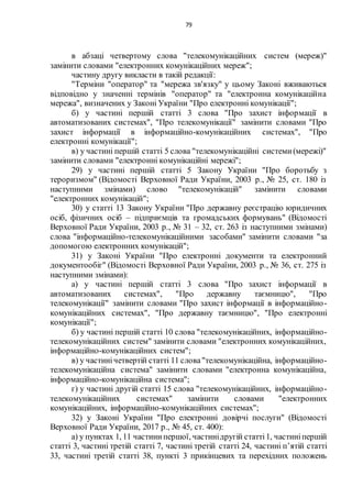 79
в абзаці четвертому слова "телекомунікаційних систем (мереж)"
замінити словами "електронних комунікаційних мереж";
частину другу викласти в такій редакції:
"Терміни "оператор" та "мережа зв'язку" у цьому Законі вживаються
відповідно у значенні термінів "оператор" та "електронна комунікаційна
мережа", визначених у Законі України "Про електронні комунікації";
б) у частині першій статті 3 слова "Про захист інформації в
автоматизованих системах", "Про телекомунікації" замінити словами "Про
захист інформації в інформаційно-комунікаційних системах", "Про
електронні комунікації";
в) у частині першій статті 5 слова "телекомунікаційні системи(мережі)"
замінити словами "електронні комунікаційні мережі";
29) у частині першій статті 5 Закону України "Про боротьбу з
тероризмом" (Відомості Верховної Ради України, 2003 р., № 25, ст. 180 із
наступними змінами) слово "телекомунікацій" замінити словами
"електронних комунікацій";
30) у статті 13 Закону України "Про державну реєстрацію юридичних
осіб, фізичних осіб – підприємців та громадських формувань" (Відомості
Верховної Ради України, 2003 р., № 31 – 32, ст. 263 із наступними змінами)
слова "інформаційно-телекомунікаційними засобами" замінити словами "за
допомогою електронних комунікацій";
31) у Законі України "Про електронні документи та електронний
документообіг" (Відомості Верховної Ради України, 2003 р., № 36, ст. 275 із
наступними змінами):
а) у частині першій статті 3 слова "Про захист інформації в
автоматизованих системах", "Про державну таємницю", "Про
телекомунікації" замінити словами "Про захист інформації в інформаційно-
комунікаційних системах", "Про державну таємницю", "Про електронні
комунікації";
б) у частині першій статті 10 слова "телекомунікаційних, інформаційно-
телекомунікаційних систем" замінити словами "електронних комунікаційних,
інформаційно-комунікаційних систем";
в) у частинічетвертій статті 11 слова"телекомунікаційна, інформаційно-
телекомунікаційна система" замінити словами "електронна комунікаційна,
інформаційно-комунікаційна система";
г) у частині другій статті 15 слова "телекомунікаційних, інформаційно-
телекомунікаційних системах" замінити словами "електронних
комунікаційних, інформаційно-комунікаційних системах";
32) у Законі України "Про електронні довірчі послуги" (Відомості
Верховної Ради України, 2017 р., № 45, ст. 400):
а) у пунктах 1, 11 частинипершої, частинідругій статті1, частиніпершій
статті 3, частині третій статті 7, частині третій статті 24, частині п’ятій статті
33, частині третій статті 38, пункті 3 прикінцевих та перехідних положень
 