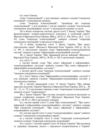 81
в) у тексті Закону:
слово "телекомунікації" у всіх відмінках замінити словами "електронні
комунікації" у відповідному відмінку;
слова "оператор телекомунікацій", "провайдер або оператор
телекомунікацій" у всіх відмінках і числах замінити словами "постачальник
електронних комунікаційних послуг" у відповідному відмінку та числі;
36) в абзаці четвертому частини другої статті 5 Закону України "Про
функціонування паливно-енергетичного комплексу в особливий період"
(Відомості Верховної РадиУкраїни, 2006 р., № 52, ст. 526; 2014 р., № 2 – 3, ст.
41) слова "оператори телекомунікацій" замінити словами "оператори
електронних комунікацій та віртуальні оператори";
37) в абзаці четвертому статті 2 Закону України "Про захист
персональних даних" (Відомості Верховної Ради України, 2010 р., № 34,
ст. 481 із наступними змінами) слова "інформаційно-телекомунікаційній
системі" замінити словами "інформаційно-комунікаційній системі";
38) у Законі України "Про Державний реєстр виборців" (Відомості
Верховної Ради України, 2007 р., № 20, ст. 282 із наступними змінами):
а) у статті 11:
у частині першій слова "Про захист інформації в інформаційно-
телекомунікаційних системах" замінити словами "Про захист інформації в
інформаційно-комунікаційних системах";
у частині другій слова "каналами телекомунікацій" замінити словами
"каналами електронних комунікацій";
б) у тексті Закону слова "інформаційно-телекомунікаційна система" в
усіх відмінках замінити словами "інформаційно-комунікаційна система" у
відповідному відмінку;
39) у частині дванадцятій статті 74 Закону України "Про вибори
народнихдепутатів України" (Відомості Верховної РадиУкраїни, 2012 р., №
10 – 11, ст. 73 із наступними змінами) слова "операторами телекомунікацій"
замінити словом "операторами";
40) у Законі України "Про систему екстреної допомоги населенню за
єдиним телефонним номером 112" (Відомості Верховної Ради України,
2012 р., № 49, ст. 560 із наступними змінами):
а) у частині першій статті 2 слова "Про телекомунікації", "Про захист
інформації в інформаційно-телекомунікаційних системах" замінити словами
"Про електронні комунікації", "Про захист інформації в інформаційно-
комунікаційних системах";
б) у частині другій статті 3 слова "телекомунікаційних мереж" замінити
словами "електронних комунікаційних мереж";
в) у частині четвертій статті 6 слова "операторів телекомунікацій"
замінити словами "операторів електронних комунікацій";
41) у пункті 1 частини першої статті 18 Закону України "Про розвиток
та державну підтримку малого і середнього підприємництва в Україні"
 