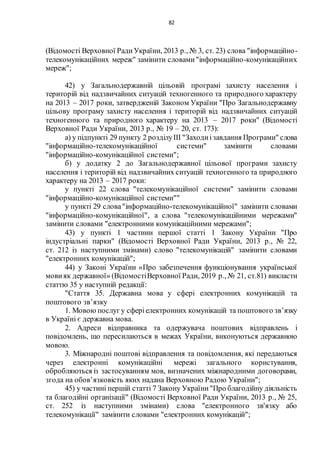 82
(Відомості Верховної РадиУкраїни, 2013 р., № 3, ст. 23) слова "інформаційно-
телекомунікаційних мереж" замінити словами"інформаційно-комунікаційних
мереж";
42) у Загальнодержавній цільовій програмі захисту населення і
територій від надзвичайних ситуацій техногенного та природного характеру
на 2013 – 2017 роки, затвердженій Законом України "Про Загальнодержавну
цільову програму захисту населення і територій від надзвичайних ситуацій
техногенного та природного характеру на 2013 – 2017 роки" (Відомості
Верховної Ради України, 2013 р., № 19 – 20, ст. 173):
а) у підпункті 29 пункту 2 розділуІІІ "Заходиізавдання Програми" слова
"інформаційно-телекомунікаційної системи" замінити словами
"інформаційно-комунікаційної системи";
б) у додатку 2 до Загальнодержавної цільової програми захисту
населення і територій від надзвичайних ситуацій техногенного та природного
характеру на 2013 – 2017 роки:
у пункті 22 слова "телекомунікаційної системи" замінити словами
"інформаційно-комунікаційної системи""
у пункті 29 слова"інформаційно-телекомунікаційної" замінити словами
"інформаційно-комунікаційної", а слова "телекомунікаційними мережами"
замінити словами "електронними комунікаційними мережами";
43) у пункті 1 частини першої статті 1 Закону України "Про
індустріальні парки" (Відомості Верховної Ради України, 2013 р., № 22,
ст. 212 із наступними змінами) слово "телекомунікацій" замінити словами
"електронних комунікацій";
44) у Законі України «Про забезпечення функціонування української
мови як державної» (ВідомостіВерховної Ради, 2019 р., № 21, ст.81) викласти
статтю 35 у наступній редакції:
"Стаття 35. Державна мова у сфері електронних комунікацій та
поштового зв’язку
1. Мовою послуг у сферіелектронних комунікацій та поштового зв’язку
в Україні є державна мова.
2. Адреси відправника та одержувача поштових відправлень і
повідомлень, що пересилаються в межах України, виконуються державною
мовою.
3. Міжнародні поштові відправлення та повідомлення, які передаються
через електронні комунікаційні мережі загального користування,
обробляються із застосуванням мов, визначених міжнародними договорами,
згода на обов’язковість яких надана Верховною Радою України";
45) у частині першій статті 7 Закону України"Про благодійну діяльність
та благодійні організації" (Відомості Верховної Ради України, 2013 р., № 25,
ст. 252 із наступними змінами) слова "електронного зв'язку або
телекомунікації" замінити словами "електронних комунікацій";
 