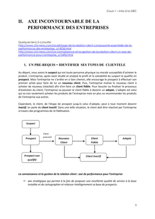 Cours 1 – Intro à la GRC

II. AXE INCONTOURNABLE DE LA
PERFORMANCE DES ENTREPRISES
Quelques liens à consulter
http://www.cfo-news.com/Le-pilotage-de-la-relation-client-composante-essentielle-de-laperformance-des-entreprises_a14256.html
http://www.cfo-news.com/La-connaissance-et-la-gestion-de-la-relation-client-un-axe-deperformance-pour-l-entreprise_a15496.html

1. UN PRE-REQUIS = IDENTIFIER SES TYPES DE CLIENTELE
Au départ, nous avons le suspect qui est toute personne physique ou morale susceptible d’acheter le
produit. L’entreprise, après avoir étudié et analysé le profil et la solvabilité du suspect le qualifie en
prospect. Mais l’entreprise ne s’arrête en si bon chemin, elle encourage le prospect à effectuer son
premier achat pour faire de lui un nouveau client. Puis, l’entreprise motive le nouveau client à
acheter de nouveau (réachat) afin d’en faire un client fidèle. Pour boucler ou finaliser le processus
d’évolution du client, l’entreprise va pousser le client fidèle à devenir un adepte. L’adepte est celui
qui va non seulement acheter les produits de l’entreprise mais en plus va recommander les produits
de l’entreprise aux autres.
Cependant, le client, de l’étape de prospect jusqu'à celui d’adepte, peut à tout moment devenir
inactif; on parle de client inactif. Dans une telle situation, le client doit être réactivé par l’entreprise
à travers des programmes de ré-fidélisation.

La connaissance et la gestion de la relation client : axe de performance pour l’entreprise
 axe stratégique qui permet à la fois de proposer une excellente qualité de service à la base
installée et de cartographier et relancer intelligemment sa base de prospects.

5

 