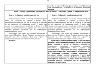 10
пунктів, на території яких органи влади не здійснюють
свої повноваження, визначається Кабінетом Міністрів
України.
Закон України “Про пенсійне забезпечення осіб, звільнених з військової служби, та деяких інших осіб”
Стаття 55. Виплата пенсії за минулий час
Нараховані суми пенсії, на виплату яких пенсіонер мав
право, але своєчасно не отримав з власної вини,
виплачуються за минулий час, але не більш як за три роки
до дня звернення за отриманням пенсії. У цьому разі
частина суми недоотриманої пенсії, але не більш як за 12
місяців, виплачується одночасно, а решта суми виплачується
щомісяця рівними частинами, що не перевищують
місячного розміру пенсії.
Нараховані суми пенсії, не отримані пенсіонером з
вини органу Пенсійного фонду України, виплачуються за
минулий час без обмеження будь-яким строком з
нарахуванням компенсації втрати частини доходів.
Відсутня
Стаття 55. Виплата пенсії за минулий час
Нараховані суми пенсії, на виплату яких пенсіонер мав
право, але своєчасно не отримав з власної вини,
виплачуються за минулий час, але не більш як за три роки
до дня звернення за отриманням пенсії. У цьому разі
частина суми недоотриманої пенсії, але не більш як за 12
місяців, виплачується одночасно, а решта суми виплачується
щомісяця рівними частинами, що не перевищують
місячного розміру пенсії.
Нараховані суми пенсії, не отримані пенсіонером з
вини органу Пенсійного фонду України, виплачуються за
минулий час без обмеження будь-яким строком з
нарахуванням компенсації втрати частини доходів.
Суми пенсії, які не були нараховані та/або виплачені
з моменту припинення фінансування органів пенсійного
фонду України у зв’язку зі збройним конфліктом,
тимчасовою окупацією, повсюдними проявами
насильства, порушеннями прав людини та
надзвичайними ситуаціями воєнного, природного чи
техногенного характеру, виплачуються за минулий час
без обмеження будь-яким строком, починаючи з
наступного місяця з моменту звернення. У цьому разі
частина суми неотриманої пенсії, більш як за 12 місяців,
виплачується одночасно, а решта суми виплачується
щомісяця рівними частинами, що не перевищують
місячного розміру пенсії.
 
