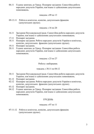 3
06.11 Година запитань до Уряду. Пленарне засідання. Самостійна робота
народних депутатів України, пов’язана із здійсненням депутатських
повноважень.
тиждень з 09 по 13
09-13.11 Робота в комітетах, комісіях, депутатських фракціях
(депутатських групах).
тиждень з 16 по 20
16.11 Засідання Погоджувальної ради. Самостійна робота народних депутатів
України, пов’язана із здійсненням депутатських повноважень.
17.11 Пленарні засідання.
18.11 Пленарне засідання. Робота народних депутатів України в комітетах,
комісіях, депутатських фракціях (депутатських групах).
19.11 Пленарні засідання.
20.11 Година запитань до Уряду. Пленарне засідання. Самостійна робота
народних депутатів України, пов’язана із здійсненням депутатських
повноважень.
тиждень з 23 по 27
Робота з виборцями.
тиждень з 30.11 по 04.12
30.11 Засідання Погоджувальної ради. Самостійна робота народних депутатів
України, пов’язана із здійсненням депутатських повноважень.
01.12 Пленарні засідання.
02.12 Пленарне засідання. Робота народних депутатів України в комітетах,
комісіях, депутатських фракціях (депутатських групах).
03.12 Пленарні засідання.
04.12 Година запитань до Уряду. Пленарне засідання. Самостійна робота
народних депутатів України, пов’язана із здійсненням депутатських
повноважень.
ГРУДЕНЬ
тиждень з 07 по 11
07-11.12 Робота в комітетах, комісіях, депутатських фракціях
(депутатських групах).
 