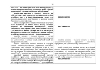 34
випадках - на індивідуальному пенсійному рахунку у
відповідному недержавному пенсійному фонді - суб'єкті
другого рівня системи пенсійного забезпечення;
одноразова виплата - пенсійна виплата, що
здійснюється в разі досягнення застрахованою особою
пенсійного віку та в інших випадках на умовах та в
порядку, визначених цим Законом за рахунок коштів
Накопичувального фонду;
основнінапрями інвестиційноїполітики -документ,
який відповідно до вимог цього Закону визначає
напрями та обмеження інвестування коштів
Накопичувального фонду, рівні інвестиційного доходу,
суми коштів на адміністративні витрати, видатки на
фінансування оплати договорів страхування довічних
пенсій та одноразових виплат у відповідному році;
пенсійні виплати - грошові виплати в системі
загальнообов'язкового державного пенсійного страхування,
що здійснюються у вигляді пенсії, довічної пенсії або
одноразової виплати;
пенсія - щомісячна пенсійна виплата в солідарній
системі загальнообов'язкового державного пенсійного
страхування, яку отримує застрахована особа в разі
досягнення нею передбаченого цим Законом пенсійного
віку чи визнання її особою з інвалідністю, або отримують
члени її сім'ї у випадках, визначених цим Законом;
пенсійні активи накопичувальної системи
пенсійного страхування - грошові кошти, цінні папери,
майновіправа та зобов'язаннящодоних, якісформовані
відповідно до цього Закону в Накопичувальному фонді
або у передбачених законом випадках - у недержавних
ВИКЛЮЧИТИ
ВИКЛЮЧИТИ
пенсійні виплати - грошові виплати в системі
загальнообов'язкового державного пенсійного
страхування, що здійснюються у вигляді пенсії;
пенсія - щомісячна пенсійна виплата в солідарній
системі загальнообов'язкового державного пенсійного
страхування, яку отримує застрахована особа в разі
досягнення нею передбаченого цим Законом пенсійного
віку чи визнання її особоюз інвалідністю, або отримують
члени її сім'ї у випадках, визначених цим Законом;
ВИКЛЮЧИТИ
 