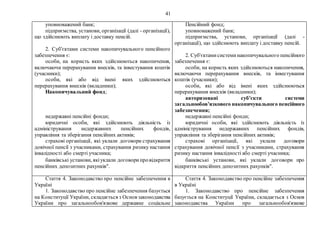41
уповноважений банк;
підприємства, установи, організації (далі - організації),
що здійснюють виплату і доставку пенсій.
2. Суб'єктами системи накопичувального пенсійного
забезпечення є:
особи, на користь яких здійснюються накопичення,
включаючи перерахування внесків, та інвестування коштів
(учасники);
особи, які або від імені яких здійснюються
перерахування внесків (вкладники);
Накопичувальний фонд;
недержавні пенсійні фонди;
юридичні особи, які здійснюють діяльність із
адміністрування недержавних пенсійних фондів,
управління та зберігання пенсійних активів;
страхові організації, які уклали договори страхування
довічної пенсії з учасниками, страхування ризику настання
інвалідності або смерті учасника;
банківські установи, якіуклали договорипровідкриття
пенсійних депозитних рахунків".
Пенсійний фонд;
уповноважений банк;
підприємства, установи, організації (далі -
організації), що здійснюють виплату і доставку пенсій.
2. Суб'єктамисистеминакопичувального пенсійного
забезпечення є:
особи, на користь яких здійснюються накопичення,
включаючи перерахування внесків, та інвестування
коштів (учасники);
особи, які або від імені яких здійснюються
перерахування внесків (вкладники);
авторизовані суб’єкти системи
загальнообов’язкового накопичувального пенсійного
забезпечення;
недержавні пенсійні фонди;
юридичні особи, які здійснюють діяльність із
адміністрування недержавних пенсійних фондів,
управління та зберігання пенсійних активів;
страхові організації, які уклали договори
страхування довічної пенсії з учасниками, страхування
ризику настання інвалідності або смерті учасника;
банківські установи, які уклали договори про
відкриття пенсійних депозитних рахунків".
Стаття 4. Законодавство про пенсійне забезпечення в
Україні
1. Законодавство про пенсійне забезпечення базується
на Конституції України, складається з Основ законодавства
України про загальнообов'язкове державне соціальне
Стаття 4. Законодавство про пенсійне забезпечення
в Україні
1. Законодавство про пенсійне забезпечення
базується на Конституції України, складається з Основ
законодавства України про загальнообов'язкове
 