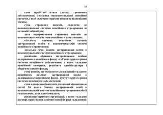 55
сума заробітної плати (доходу, грошового
забезпечення) учасника накопичувальної пенсійної
системи, з якої сплаченострахові внески за відповідний
місяць;
сума страхових внесків, сплачена до
накопичувальної системи пенсійного страхування за
останній звітний рік;
дата перерахування страхових внесків до
накопичувальної системи пенсійного страхування;
кількість одиниць пенсійних активів
застрахованої особи в накопичувальній системі
пенсійного страхування;
загальна сума коштів застрахованої особи в
накопичувальній системі пенсійного страхування;
реквізити обраного застрахованою особою
недержавногопенсійного фонду- суб'єкта другого рівня
системи пенсійного забезпечення, з яким укладено
пенсійний контракт, реквізити адміністратора і
зберігача такого фонду;
сума коштів, що обліковуєтьсяна індивідуальному
пенсійному рахунку застрахованої особи в
недержавномупенсійномуфонді - суб'єкті другого рівня
системи пенсійного забезпечення;
сума одноразової виплати, сплаченоївідповіднодо
статті 56 цього Закону застрахованій особі в
накопичувальній системі пенсійного страхування або її
спадкоємцю, дата такої виплати;
реквізити страхової організації, з якою укладено
договір страхування довічної пенсії (у разі укладення);
 