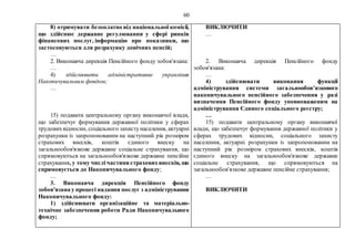 60
8) отримувати безоплатно від національної комісії,
що здійснює державне регулювання у сфері ринків
фінансових послуг, інформацію про показники, що
застосовуються для розрахунку довічних пенсій;
…
2. Виконавча дирекція Пенсійного фонду зобов'язана:
…
4) здійснювати адміністративне управління
Накопичувальним фондом;
…
15) подавати центральному органу виконавчої влади,
що забезпечує формування державної політики у сферах
трудовихвідносин, соціального захистунаселення, актуарні
розрахунки із запропонованим на наступний рік розміром
страхових внесків, коштів єдиного внеску на
загальнообов'язкове державне соціальне страхування, що
спрямовуються на загальнообов'язкове державне пенсійне
страхування, у тому числічастини страховихвнесків, що
спрямовується до Накопичувального фонду;
…
3. Виконавча дирекція Пенсійного фонду
зобов'язана у процесі надання послуг з адміністрування
Накопичувального фонду:
1) здійснювати організаційне та матеріально-
технічне забезпечення роботи Ради Накопичувального
фонду;
ВИКЛЮЧИТИ
…
2. Виконавча дирекція Пенсійного фонду
зобов'язана:
…
4) здійснювати виконання функції
адміністрування системи загальнообов’язкового
накопичувального пенсійного забезпечення у разі
визначення Пенсійного фонду уповноваженим на
адміністрування Єдиного соціального реєстру;
…
15) подавати центральному органу виконавчої
влади, що забезпечує формування державної політики у
сферах трудових відносин, соціального захисту
населення, актуарні розрахунки із запропонованим на
наступний рік розміром страхових внесків, коштів
єдиного внеску на загальнообов'язкове державне
соціальне страхування, що спрямовуються на
загальнообов'язкове державне пенсійне страхування;
…
ВИКЛЮЧИТИ
 