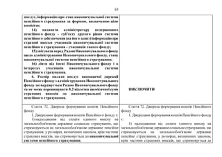 63
послуг, інформацію про стан накопичувальної системи
пенсійного страхування за формою, визначеною цією
комісією;
14) надавати адміністратору недержавного
пенсійного фонду - суб'єкту другого рівня системи
пенсійногозабезпечення(на його запит)інформацію про
страхові внески учасників накопичувальної системи
пенсійного страхування - учасників такого фонду;
15)звітувати перед РадоюНакопичувальногофонду
щодо адміністрування Накопичувального фонду, стану
накопичувальної системи пенсійного страхування;
16) діяти від імені Накопичувального фонду і в
інтересах учасників накопичувальної системи
пенсійного страхування.
4. Розмір оплати послуг виконавчої дирекції
Пенсійного фондуз адмініструванняНакопичувального
фонду затверджується Радою Накопичувального фонду
та не може перевищувати 0,2 відсотка щомісячної суми
страхових внесків до накопичувальної системи
пенсійного страхування.
ВИКЛЮЧИТИ
Стаття 72. Джерела формування коштів Пенсійного
фонду
1. Джерелами формування коштів Пенсійного фонду є:
1) надходження від сплати єдиного внеску на
загальнообов'язкове державне соціальне страхування, що
спрямовуються на загальнообов'язкове державне пенсійне
страхування, у розмірах, визначених законом, крім частини
страхових внесків, що спрямовується до накопичувальної
системи пенсійного страхування;
Стаття 72. Джерела формування коштів Пенсійного
фонду
1. Джерелами формування коштів Пенсійного фонду
є:
1) надходження від сплати єдиного внеску на
загальнообов'язковедержавнесоціальнестрахування, що
спрямовуються на загальнообов'язкове державне
пенсійне страхування, у розмірах, визначених законом,
крім частини страхових внесків, що спрямовується до
 