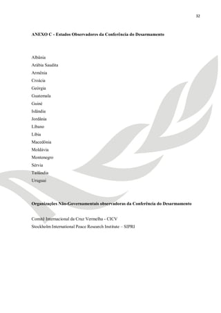 32



ANEXO C - Estados Observadores da Conferência do Desarmamento




Albânia
Arábia Saudita
Armênia
Croácia
Geórgia
Guatemala
Guiné
Islândia
Jordânia
Líbano
Líbia
Macedônia
Moldávia
Montenegro
Sérvia
Tailândia
Uruguai




Organizações Não-Governamentais observadoras da Conferência do Desarmamento


Comitê Internacional da Cruz Vermelha - CICV
Stockholm International Peace Research Institute – SIPRI
 