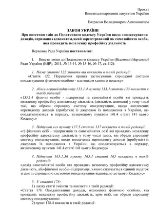 Проєкт
Вноситься народним депутатом України
Ватрасом Володимиром Антоновичем
ЗАКОН УКРАЇНИ
Про внесення змін до Податковог...