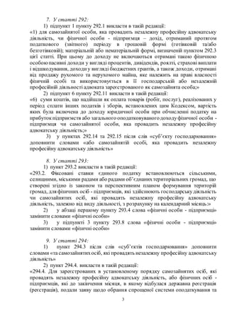 3
7. У статті 292:
1) підпункт 1 пункту 292.1 викласти в такій редакції:
«1) для самозайнятої особи, яка провадить незалеж...