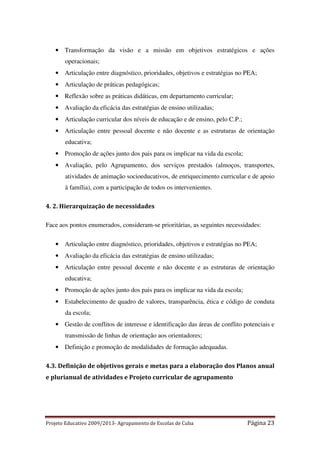 • Transformação da visão e a missão em objetivos estratégicos e ações
operacionais;
• Articulação entre diagnóstico, prioridades, objetivos e estratégias no PEA;
• Articulação de práticas pedagógicas;
• Reflexão sobre as práticas didáticas, em departamento curricular;
• Avaliação da eficácia das estratégias de ensino utilizadas;
• Articulação curricular dos níveis de educação e de ensino, pelo C.P.;
• Articulação entre pessoal docente e não docente e as estruturas de orientação
educativa;
• Promoção de ações junto dos pais para os implicar na vida da escola;
• Avaliação, pelo Agrupamento, dos serviços prestados (almoços, transportes,
atividades de animação socioeducativos, de enriquecimento curricular e de apoio
à família), com a participação de todos os intervenientes.
4. 2. Hierarquização de necessidades
Face aos pontos enumerados, consideram-se prioritárias, as seguintes necessidades:
• Articulação entre diagnóstico, prioridades, objetivos e estratégias no PEA;
• Avaliação da eficácia das estratégias de ensino utilizadas;
• Articulação entre pessoal docente e não docente e as estruturas de orientação
educativa;
• Promoção de ações junto dos pais para os implicar na vida da escola;
• Estabelecimento de quadro de valores, transparência, ética e código de conduta
da escola;
• Gestão de conflitos de interesse e identificação das áreas de conflito potenciais e
transmissão de linhas de orientação aos orientadores;
• Definição e promoção de modalidades de formação adequadas.
4.3. Definição de objetivos gerais e metas para a elaboração dos Planos anual
e plurianual de atividades e Projeto curricular de agrupamento

Projeto Educativo 2009/2013- Agrupamento de Escolas de Cuba

Página 23

 