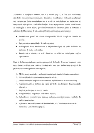 Assumindo a complexa estrutura que é a escola (Fig.1), e face aos indicadores
recolhidos nos diferentes instrumentos de análise, considerámos pertinente estabelecer
um conjunto de linhas orientadoras que a seguir se materializam nas metas que se
desejam alcançar para a excelência almejada deste Agrupamento. Assim, enunciam-se
as orientações a nível macro, que consubstanciam os objetivos gerais e nortearão a
definição do Plano anual de atividades e Projeto curricular de agrupamento:
• Elaborar um quadro de valores, transparência, ética e código de conduta da
escola;
• Reconhecer as necessidades de cada estrutura;
• Hierarquizar essas necessidades e responsabilização de cada estrutura na
definição de metas sustentadas;
• Transformar a missão, e a visão da escola em objetivos estratégicos e ações
operacionais.
Face às linhas orientadoras expostas, passamos à definição de metas, enquanto entes
específicos e realistas, que carecem de dedicação para que, no horizonte temporal do
próximo quadriénio, possam ser atingidas:
1. Melhoria dos resultados escolares nomeadamente na disciplina de matemática;
2. Articulação efetiva entre as estruturas educativas;
3. Desenvolvimento de práticas inovadoras e implementação de benchmarking.
4. Reconhecimento de pertença da escola por todos os elementos da comunidade
educativa;
5. Implicação dos pais na vida da escola;
6. Alargamento da cooperação com outras escolas;
7. Reflexão dos pontos fortes e áreas de melhoria, como instrumento regulador da
melhoria de ensino;
8. Agilização do desempenho do Conselho Geral, do Conselho de diretores de
turma e do Conselho Pedagógico.

Projeto Educativo 2009/2013- Agrupamento de Escolas de Cuba

Página 24

 