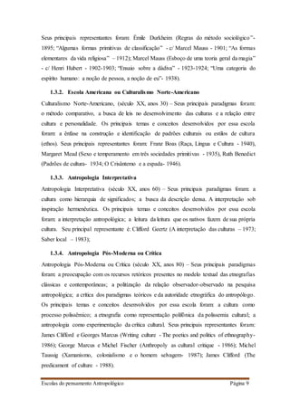 Escolas do pensamento Antropológico Página 9
Seus principais representantes foram: Émile Durkheim (Regras do método sociológico”-
1895; “Algumas formas primitivas de classificação” - c/ Marcel Mauss - 1901; “As formas
elementares da vida religiosa” – 1912); Marcel Mauss (Esboço de uma teoria geral da magia”
- c/ Henri Hubert - 1902-1903; “Ensaio sobre a dádiva” - 1923-1924; “Uma categoria do
espírito humano: a noção de pessoa, a noção de eu”- 1938).
1.3.2. Escola Americana ou Culturalismo Norte-Americano
Culturalismo Norte-Americano, (século XX, anos 30) – Seus principais paradigmas foram:
o método comparativo, a busca de leis no desenvolvimento das culturas e a relação entre
cultura e personalidade. Os principais temas e conceitos desenvolvidos por essa escola
foram: a ênfase na construção e identificação de padrões culturais ou estilos de cultura
(ethos). Seus principais representantes foram: Franz Boas (Raça, Língua e Cultura - 1940),
Margaret Mead (Sexo e temperamento em três sociedades primitivas - 1935), Ruth Benedict
(Padrões de cultura- 1934; O Crisântemo e a espada- 1946).
1.3.3. Antropologia Interpretativa
Antropologia Interpretativa (século XX, anos 60) – Seus principais paradigmas foram: a
cultura como hierarquia de significados; a busca da descrição densa. A interpretação sob
inspiração hermenêutica. Os principais temas e conceitos desenvolvidos por essa escola
foram: a interpretação antropológica; a leitura da leitura que os nativos fazem de sua própria
cultura. Seu principal representante é: Clifford Geertz (A interpretação das culturas – 1973;
Saber local – 1983);
1.3.4. Antropologia Pós-Moderna ou Crítica
Antropologia Pós-Moderna ou Crítica (século XX, anos 80) – Seus principais paradigmas
foram: a preocupação com os recursos retóricos presentes no modelo textual das etnografias
clássicas e contemporâneas; a politização da relação observador-observado na pesquisa
antropológica; a crítica dos paradigmas teóricos e da autoridade etnográfica do antropólogo.
Os principais temas e conceitos desenvolvidos por essa escola foram: a cultura como
processo polissêmico; a etnografia como representação polifônica da polissemia cultural; a
antropologia como experimentação da crítica cultural. Seus principais representantes foram:
James Clifford e Georges Marcus (Writing culture - The poetics and politics of ethnography-
1986); George Marcus e Michel Fischer (Anthropoly as cultural critique - 1986); Michel
Taussig (Xamanismo, colonialismo e o homem selvagem- 1987); James Clifford (The
predicament of culture - 1988).
 