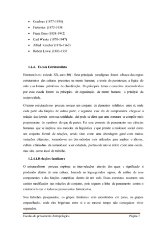 Escolas do pensamento Antropológico Página 7
 Graebner (1877-1934)
 Frobenius (1873-1938
 Franz Boas (1858-1942)
 Carl Wissler (1870-1947)
 Alfred Kroeber (1876-1960)
 Robert Lowie (1883-1957
1.2.4. Escola Estruturalista
Estruturalismo (século XX, anos 40) – Seus principais paradigmas foram: a busca das regras
estruturantes das culturas presentes na mente humana; a teoria do parentesco; a lógica do
mito e as formas primitivas de classificação. Os principais temas e conceitos desenvolvidos
por essa escola foram: os princípios de organização da mente humana; o princípio da
reciprocidade.
O termo estruturalismo procura nomear um conjunto de elementos solidários entre sí, onde
cada parte são funções de outras parte, e seguindo esse elo de componentes chega-se a
relação das demais com sua totalidade, daí pode-se dizer que uma estrutura se compõe mais
propriamente de membros do que de partes. Foi uma corrente de pensamento nas ciências
humanas que se inspirou nos modelos da linguística e que prende a realidade social como
um conjunto formal de relações, sendo visto como uma abordagem geral com muitas
variações diferentes; tornando-se um dos métodos mais utilizados para analisar o idioma,
cultura e filosofias da comunidade a ser estudada, porém este não se refere como uma escola,
mas sim, como local de trabalho.
1.2.4.1.Relações familiares
O estruturalismo procura explorar as inter-relações através dos quais o significado é
produzido dentro de uma cultura, baseada na linguagemdos signos, da análise de seus
componentes e das funções cumpridas dentro de um todo. Essas estruturas assumem um
caráter modificador nas relações do conjunto, pois seguem a linha de pensamento contra o
existencialismo e todos os pensamentos historicistas.
Nos trabalhos pesquisados, os grupos familiares eran encontrados em pares, ou grupos
emparelhados onde eles brigavam entre si e ao mesmo tempo não conseguiam viver
separados.
 