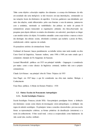 Escolas do pensamento Antropológico Página 8
Tinha como objetivo a descrição empírica dos elementos e a crença dos fenômenos da vida
em sociedade não seria inteligíveis se não vivessem em suas interrelações, estruturando-se
nas variações locais dos fenômenos de superfície. Com isso, ganhavam suas identidades por
meio das relações, sendo influenciados pelos seus fonemas e sons da natureza, juntamente
com a semântica, mostrando as variabilidades das práticas no modo de pensar. O
estruturalismo propos transcender as organizações prímarias dos fatos,observando nas
pesquisas para depois elaborar os estudos dos elementos em cada nível, para depois se chegar
a um modelo teórico do objeto. Foi também entendido como corpo teórico e marcou o início
das ideologias das ciências sociais, abordando a estrutura que excluiria a praxis de Marx,
estabelecendo critério supremo da verdade.
Os pensadores notórios do estruturalismo foram:
Ferdinand de Saussure: lançou paralelamente ao trabalho teórico mais tarde reunido na obra
Curso Geral de Linguística, Saussure realizou, entre 1906 e 1909, um outro estudo que é
comumente chamado de Os Anagramas de Saussure.
Leonard Bloomfield: publicou em 1933 seu principal trabalho - Linguagem é considerada
por muitos como o texto clássico de lingüística estrutural, também tida com o próprio
estruturalismo.
Claude Lévi-Strauss: sua principal obra foi Tristes Trópicos de 1955
Jean Piaget: em 1967 lança o que foi considerada sua obra mais madura: Biologia e
Conhecimento
Franz Boas: publicou A Mente do Homem Primitivo: 1938
1.3. Outras Escolas do Pensamento Antropológico
1.3.1. Escola Sociológica Francesa
Escola Sociológica Francesa, (século XIX) – Seus principais paradigmas foram: a definição
dos fenómenos sociais como objetos de investigação sócio-antropológica e a definição das
regras do método sociológico. Os principais temas e conceitos desenvolvidos por essa escola
foram: as representações coletivas; as formas primitivas de classificação (totemismo) e a
teoria do conhecimento. O fato social total; a troca e a reciprocidade como fundamento da
vida social (dar, receber, retribuir).
 