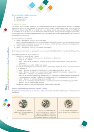Contenido de las medidas generales:
                                                                I. Lavado de manos.
                                                                II. Uso de guantes.
                                                                III. Inmunización.

                                                              I. Lavado de manos.
                                                              Las manos son el principal transmisor de los microorganismos dentro de los centros sanitarios (hospitales
                                                              especialmente), por lo que el lavado de las mismas es la principal medida para prevenir la transmisión de
                                                              infecciones nosocomiales (IN). Es conocido como una técnica sencilla que, además, reduce la morbilidad y
                                                              la mortalidad de las IN. Produce una disminución signiﬁcativa de la propagación de patógenos potenciales,
                                                              constituyendo así uno de los principales pilares en la interrupción de la cadena epidemiológica de transmisión
                                                              de este tipo de infecciones.

                                                              El lavado de manos se realizará:
                                                                  • Antes y después del contacto con un paciente.
                                                                  • Antes y después de las situaciones en que probablemente exista contacto con sangre, ﬂuido corporal,
                                                                     secreciones y excreciones del paciente o de cualquier artículo que haya utilizado el mismo paciente.
                                                                  • Antes y después de utilizar guantes.
                                                                  • Antes y después del contacto con material contaminado.
Guía a la Salud Bucodental en Atención Primaria de Asturias




                                                              El simple lavado de manos con agua y jabón remueve casi todos los bacilos Gram negativos en 10 segundos.

                                                              Tipos e indicaciones del lavado de manos:
                                                                 1. Lavado de manos rutinario ó social.
                                                                     a. Antes de manipular alimentos, comer o darle de comer al paciente.
                                                                     b. Después de ir al baño.
                                                                     c. Antes y después de dar atención básica al paciente (bañar, hacer la cama, control de signos
                                                                         vitales, etc.).
                                                                     d. Cuando las manos están visiblemente sucias.
                                                                 2. Lavado de manos higiénico ó antiséptico. Asocia al anterior el empleo de una solución hidroalchólica
                                                                     o un antiséptico.
                                                                     a. Antes y después de realizar un procedimiento invasivo aunque se utilicen guantes.
                                                                     b. Antes y después de la atención a pacientes con algún procedimiento invasivo o a pacientes
                                                                         colonizados o infectados con gérmenes resistentes.
                                                                     c. Después de estar en contacto con ﬂuidos orgánicos o elementos contaminados con los mismos
                                                                         (heridas, catéteres uretrales, medidores de diuresis, aspiración de secreciones, urinarios, etc.).
                                                                     d. Antes y después de colocarse los guantes, estériles o no.
                                                                     e. Después de tocar sangre accidentalmente o cuando la contaminación microbiana pudo haber
para la atención




                                                                         ocurrido, aunque haya utilizado guantes.
                                                                 3. Lavado de manos quirúrgico. Antes de todo procedimiento quirúrgico.

                                                              Tecnica básica de lavado de manos rutinario o social
                                                              El objeto del lavado de manos es remover y quitar la suciedad, la materia orgánica y los microorganismos
                                                              transitorios.

                                                              Procedimiento




                                                                  1. Humedecer las manos,            2. Entre 10 y 15 segundos de         3. Si las manos están visible-
                                                                enjabonar y frotar en espacios      fricción o frotamiento mecánico      mente sucias, frotar más tiempo.
                                                                       interdigitales.              vigoroso para generar espuma.
                                                                                                   Enjabonar bien toda la superﬁcie:
            132                                                                                    sobre todo alrededor de las uñas.
 