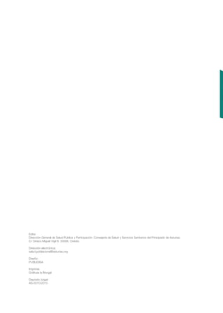 Edita:
Dirección General de Salud Pública y Participación. Consejería de Salud y Servicios Sanitarios del Principado de Asturias.
C/ Ciriaco Miguel Vigil 9. 33006. Oviedo.

Dirección electrónica:
salud.poblacional@asturias.org

Diseño:
PUBLIDISA

Imprime:
Gráﬁcas la Morgal

Depósito Legal:
AS-5070/2010
 
