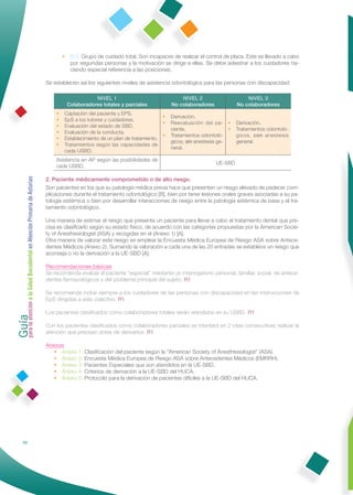 •    B.3. Grupo de cuidado total. Son incapaces de realizar el control de placa. Este es llevado a cabo
                                                                           por segundas personas y la motivación se dirige a ellas. Se debe adiestrar a los cuidadores ha-
                                                                           ciendo especial referencia a las posiciones.

                                                              Se establecen así los siguientes niveles de asistencia odontológica para las personas con discapacidad:

                                                                                     NIVEL 1                              NIVEL 2                      NIVEL 3
                                                                          Colaboradores totales y parciales           No colaboradores             No colaboradores
                                                                  •   Captación del paciente y EPS.
                                                                                                                 •    Derivación.
                                                                  •   EpS a los tutores y cuidadores.
                                                                                                                 •    Reevaluación del pa- •       Derivación.
                                                                  •   Evaluación del estado de SBD.
                                                                                                                      ciente.                  •   Tratamientos odontoló-
                                                                  •   Evaluación de la conducta.
                                                                                                                 •    Tratamientos odontoló-       gicos, con anestesia
                                                                  •   Establecimiento de un plan de tratamiento.
                                                                                                                      gicos, sin anestesia ge-     general.
                                                                  •   Tratamientos según las capacidades de
                                                                                                                      neral.
                                                                      cada USBD.
                                                                  Asistencia en AP según las posibilidades de
                                                                                                                                         UE-SBD
                                                                  cada USBD.
Guía a la Salud Bucodental en Atención Primaria de Asturias




                                                              2. Paciente médicamente comprometido o de alto riesgo.
                                                              Son pacientes en los que su patología médica previa hace que presenten un riesgo elevado de padecer com-
                                                              plicaciones durante el tratamiento odontológico [B], bien por tener lesiones orales graves asociadas a su pa-
                                                              tología sistémica o bien por desarrollar interacciones de riesgo entre la patología sistémica de base y el tra-
                                                              tamiento odontológico.

                                                              Una manera de estimar el riesgo que presenta un paciente para llevar a cabo el tratamiento dental que pre-
                                                              cisa es clasiﬁcarlo según su estado físico, de acuerdo con las categorías propuestas por la American Socie-
                                                              ty of Anesthesiologist (ASA) y recogidas en el (Anexo 1) [A].
                                                              Otra manera de valorar este riesgo es emplear la Encuesta Médica Europea de Riesgo ASA sobre Antece-
                                                              dentes Médicos (Anexo 2). Sumando la valoración a cada una de las 20 entradas se establece un riesgo que
                                                              aconseja o no la derivación a la UE-SBD [A].

                                                              Recomendaciones básicas
                                                              Se recomienda evaluar al paciente “especial” mediante un interrogatorio personal, familiar, social, de antece-
                                                              dentes farmacológicos y del problema principal del sujeto. R1

                                                              Se recomienda incluir siempre a los cuidadores de las personas con discapacidad en las instrucciones de
                                                              EpS dirigidas a este colectivo. R1
para la atención




                                                              Los pacientes clasiﬁcados como colaboradores totales serán atendidos en su USBD. R1

                                                              Con los pacientes clasiﬁcados como colaboradores parciales se intentará en 2 citas consecutivas realizar la
                                                              atención que precisan antes de derivarlos. R1

                                                              Anexos
                                                                 • Anexo 1: Clasiﬁcación del paciente según la “American Society of Anesthesiologist” (ASA).
                                                                 • Anexo 2: Encuesta Médica Europea de Riesgo ASA sobre Antecedentes Médicos (EMRRH).
                                                                 • Anexo 3: Pacientes Especiales que son atendidos en la UE-SBD.
                                                                 • Anexo 4: Criterios de derivación a la UE-SBD del HUCA.
                                                                 • Anexo 5: Protocolo para la derivación de pacientes difíciles a la UE-SBD del HUCA.




                52
 