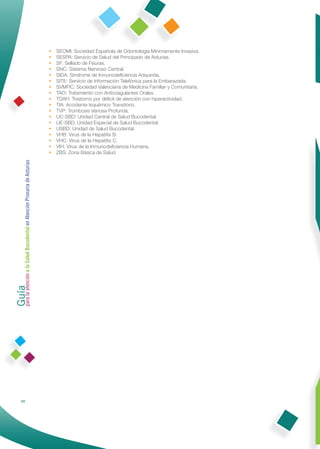 •   SEOMI: Sociedad Española de Odontología Mínimamente Invasiva.
                                                              •   SESPA: Servicio de Salud del Principado de Asturias.
                                                              •   SF: Sellado de Fisuras.
                                                              •   SNC: Sistema Nervioso Central.
                                                              •   SIDA: Síndrome de Inmunodeﬁciencia Adquirida.
                                                              •   SITE: Servicio de Información Telefónica para la Embarazada.
                                                              •   SVMFIC: Sociedad Valenciana de Medicina Familiar y Comunitaria.
                                                              •   TAO: Tratamiento con Anticoagulantes Orales.
                                                              •   TDAH: Trastorno por déﬁcit de atención con hiperactividad.
                                                              •   TIA: Accidente Isquémico Transitorio.
                                                              •   TVP: Trombosis Venosa Profunda.
                                                              •   UC-SBD: Unidad Central de Salud Bucodental.
                                                              •   UE-SBD: Unidad Especial de Salud Bucodental.
                                                              •   USBD: Unidad de Salud Bucodental.
                                                              •   VHB: Virus de la Hepatitis B.
                                                              •   VHC: Virus de la Hepatitis C.
                                                              •   VIH: Virus de la Inmunodeﬁciencia Humana.
                                                              •   ZBS: Zona Básica de Salud.
Guía a la Salud Bucodental en Atención Primaria de Asturias
para la atención




                58
 