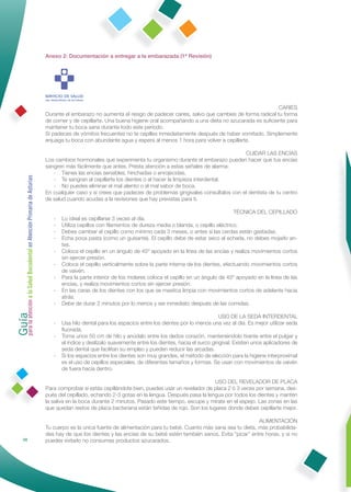 Anexo 2: Documentación a entregar a la embarazada (1ª Revisión)




                                                                                                                                                              CARIES
                                                              Durante el embarazo no aumenta el riesgo de padecer caries, salvo que cambies de forma radical tu forma
                                                              de comer y de cepillarte. Una buena higiene oral acompañando a una dieta no azucarada es suﬁciente para
                                                              mantener tu boca sana durante todo este período.
                                                              Si padeces de vómitos frecuentes no te cepilles inmediatamente después de haber vomitado. Simplemente
                                                              enjuaga tu boca con abundante agua y espera al menos 1 hora para volver a cepillarte.

                                                                                                                                                CUIDAR LAS ENCÍAS
                                                              Los cambios hormonales que experimenta tu organismo durante el embarazo pueden hacer que tus encías
                                                              sangren más fácilmente que antes. Presta atención a estas señales de alarma:
                                                                 - Tienes las encías sensibles, hinchadas o enrojecidas.
Guía a la Salud Bucodental en Atención Primaria de Asturias




                                                                 - Te sangran al cepillarte los dientes o al hacer la limpieza interdental.
                                                                 - No puedes eliminar el mal aliento o el mal sabor de boca.
                                                              En cualquier caso y si crees que padeces de problemas gingivales consúltalos con el dentista de tu centro
                                                              de salud cuando acudas a la revisiones que hay previstas para ti.

                                                                                                                                                TÉCNICA DEL CEPILLADO
                                                                 -   Lo ideal es cepillarse 3 veces al día.
                                                                 -   Utiliza cepillos con ﬁlamentos de dureza media o blanda, o cepillo eléctrico.
                                                                 -   Debes cambiar el cepillo como mínimo cada 3 meses, o antes si las cerdas están gastadas.
                                                                 -   Echa poca pasta (como un guisante). El cepillo debe de estar seco al echarla, no debes mojarlo an-
                                                                     tes.
                                                                 -   Coloca el cepillo en un ángulo de 45º apoyado en la línea de las encías y realiza movimientos cortos
                                                                     sin ejercer presión.
                                                                 -   Coloca el cepillo verticalmente sobre la parte interna de los dientes, efectuando movimientos cortos
                                                                     de vaivén.
                                                                 -   Para la parte interior de los molares coloca el cepillo en un ángulo de 45º apoyado en la línea de las
                                                                     encías, y realiza movimientos cortos sin ejercer presión.
                                                                 -   En las caras de los dientes con los que se mastica limpia con movimientos cortos de adelante hacia
                                                                     atrás.
para la atención




                                                                 -   Debe de durar 2 minutos por lo menos y ser inmediato después de las comidas.

                                                                                                                                           USO DE LA SEDA INTERDENTAL
                                                                 -   Usa hilo dental para los espacios entre los dientes por lo menos una vez al día. Es mejor utilizar seda
                                                                     ﬂuorada.
                                                                 -   Toma unos 50 cm de hilo y anúdalo entre los dedos corazón, manteniéndolo tirante entre el pulgar y
                                                                     el índice y deslízalo suavemente entre los dientes, hacia el surco gingival. Existen unos aplicadores de
                                                                     seda dental que facilitan su empleo y pueden reducir las arcadas.
                                                                 -   Si los espacios entre los dientes son muy grandes, el método de elección para la higiene interproximal
                                                                     es el uso de cepillos especiales, de diferentes tamaños y formas. Se usan con movimientos de vaivén
                                                                     de fuera hacia dentro.

                                                                                                                                      USO DEL REVELADOR DE PLACA
                                                              Para comprobar si estás cepillándote bien, puedes usar un revelador de placa 2 ó 3 veces por semana, des-
                                                              pués del cepillado, echando 2-3 gotas en la lengua. Después pasa la lengua por todos los dientes y mantén
                                                              la saliva en la boca durante 2 minutos. Pasado este tiempo, escupe y mírate en el espejo. Las zonas en las
                                                              que quedan restos de placa bacteriana están teñidas de rojo. Son los lugares donde debes cepillarte mejor.

                                                                                                                                                       ALIMENTACIÓN
                                                              Tu cuerpo es la única fuente de alimentación para tu bebé. Cuanto más sana sea tu dieta, más probabilida-
                                                              des hay de que los dientes y las encías de su bebé estén también sanos. Evita “picar” entre horas, y si no
                98                                            puedes evitarlo no consumas productos azucarados.
 