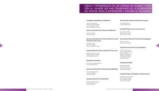ANEXO V. PROFESIONALES DE LAS OFICINAS DE CALIDAD Y ATEN-
                                                                        CIÓN AL USUARIO QUE HAN COLABORADO EN LA ELABORACIÓN
                                                                        DEL MANUAL PARA LA INFORMACIÓN Y ATENCIÓN AL CIUDADANO.



                                                                         Complejo Hospitalario de Albacete                                 Gerencia de Atención Primaria de Cuenca
                                                                         Lázaro Ávila Alexandre                                            Julio Guijarro Mañez
                                                                         Mª Jesús González González                                        Cristina Mialdea García
                                                                         Carmen Hernández Millán
                                                                         Francisco Medrano González
                                                                                                                                           Hospital Virgen de La Luz de Cuenca
                                                                         Gerencia de Atención Primaria de Albacete
                                                                                                                                           Mar Gómez Santillana
                                                                         Rosario Cerdá Díaz                                                Mercedes Pérez Alonso
                                                                         Pilar Vizcaya López                                               Marisol Sánchez García



                                                                         Gerencia de Atención Primaria Mancha Centro                       Gerencia de Atención Primaria de Guadalajara
                                                                         (Alcázar de San Juan)
                                                                                                                                           Pilar Palermo Plaza
                                                                         Pilar Briega Román                                                Carmen Susana Ramírez
                                                                         Jesús Campo Felipe
108                                                                                                                                                                                       109
                                                                         Rosario Castellanos Barrilero
                                                                                                                                           Hospital Universitario de Guadalajara

                                                                         Hospital Mancha Centro (Alcázar de San Juan)                      Carmen Cortes Lucero
                                                                                                                                           Mª Cruz Encabo Rodríguez
                                                                         Apolonio Castillo Calcerrada                                      Pilar García Salazar
                                                                         Miguel Noblejas Castellanos                                       Malena González Miguel
                                                                         Luis Alberto Ramos Neira                                          Manuel Laredo Velasco
                                                                                                                                           Ginesa Moreno Parrilla
                                                                                                                                           Alicia Peña Sedano

                                                                         Hospital de Almansa
                                                                         Mª Jesus Gómez Mansilla-Guerra                                    Hospital de Hellín
                                                                         Mª José López Martínez
                                                                                                                                           Pilar Martínez Castro
                                                                                                                                           Dolores Sáez Núñez
                                                                                                                                           Francisco Salvat Germán
                                                                         Gerencia de Atención Primaria de Ciudad Real                      Ramón Sánchez Isidro

                                                                         Mª José Barreda Peret-Prat
                                                                         Juan José Caba Peña .
                                                                         José Fortes Álvarez                                               Hospital Virgen de Altagracia (Manzanares)
                                                                                                                                           Federico Luis García Alcázar
                                                                                                                                           Mª Cielo Mateos Catalán
                                                                         Hospital General de Ciudad Real                                   Antonio Molina Guijarro
                                                                                                                                           Eduardo Ruiz Hidalgo
                                                                         Encarnación Añó Consuegra
                                                                         Teresa Rodríguez Cano
                                                                         Dolores Sanz Ortiz



      Manual para la Información y Atención al Ciudadano en el SESCAM                                     Manual para la Información y Atención al Ciudadano en el SESCAM
 