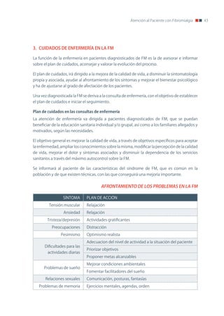 Atención al Paciente con Fibromialgia     43




3. CUIDADOS DE ENFERMERÍA EN LA FM

La función de la enfermería en pacientes diagnosticados de FM es la de asesorar e informar
sobre el plan de cuidados, aconsejar y valorar la evolución del proceso.

El plan de cuidados, irá dirigido a la mejora de la calidad de vida, a disminuir la sintomatología
propia y asociada, ayudar al afrontamiento de los síntomas y mejorar el bienestar psicológico
y ha de ajustarse al grado de afectación de los pacientes.

Una vez diagnosticada la FM se deriva a la consulta de enfermería, con el objetivo de establecer
el plan de cuidados e iniciar el seguimiento.

Plan	de	cuidados	en	las	consultas	de	enfermería
La atención de enfermería va dirigida a pacientes diagnosticados de FM, que se puedan
beneficiar de la educación sanitaria individual y/o grupal, así como a los familiares allegados y
motivados, según las necesidades.

El objetivo general es mejorar la calidad de vida, a través de objetivos específicos para aceptar
la enfermedad, ampliar los conocimientos sobre la misma, modificar la percepción de la calidad
de vida, mejorar el dolor y síntomas asociados y disminuir la dependencia de los servicios
sanitarios a través del máximo autocontrol sobre la FM.

Se informará al paciente de las características del síndrome de FM, que es común en la
población y de que existen técnicas, con las que conseguirá una mejoría importante.


                                        AFRONTAMIENTO DE LOS PROBLEMAS EN LA FM

                 SínToMA       PLAn DE ACCIón
         Tensión muscular      Relajación
                  Ansiedad     Relajación
        Tristeza/depresión     Actividades gratificantes
           Preocupaciones      Distracción
                Pesimismo      optimismo realista
                               Adecuacion del nivel de actividad a la situación del paciente
       Dificultades para las
                               Priorizar objetivos
        actividades diarias
                               Proponer metas alcanzables
                               Mejorar condiciones ambientales
      Problemas de sueño
                               Fomentar facilitadores del sueño
       Relaciones sexuales     Comunicación, posturas, fantasías
   Problemas de memoria        Ejercicios mentales, agendas, orden
 