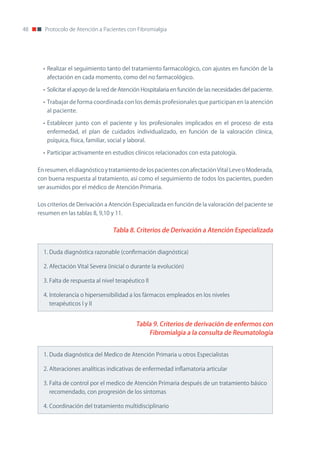 48      Protocolo de Atención a Pacientes con Fibromialgia




       • Realizar el seguimiento tanto del tratamiento farmacológico, con ajustes en función de la
        afectación en cada momento, como del no farmacológico.

       • Solicitar el apoyo de la red de Atención Hospitalaria en función de las necesidades del paciente.

       • Trabajar de forma coordinada con los demás profesionales que participan en la atención
        al paciente.

       • Establecer junto con el paciente y los profesionales implicados en el proceso de esta
        enfermedad, el plan de cuidados individualizado, en función de la valoración clínica,
        psíquica, física, familiar, social y laboral.

       • Participar activamente en estudios clínicos relacionados con esta patología.


     En resumen, el diagnóstico y tratamiento de los pacientes con afectación Vital Leve o Moderada,
     con buena respuesta al tratamiento, así como el seguimiento de todos los pacientes, pueden
     ser asumidos por el médico de Atención Primaria.


     Los criterios de Derivación a Atención Especializada en función de la valoración del paciente se
     resumen en las tablas 8, 9,10 y 11.


                                      Tabla 8. Criterios de Derivación a Atención Especializada


       1. Duda diagnóstica razonable (confirmación diagnóstica)

       2. Afectación Vital Severa (inicial o durante la evolución)

       3. Falta de respuesta al nivel terapéutico II

       4. Intolerancia o hipersensibilidad a los fármacos empleados en los niveles
         terapéuticos I y II


                                                Tabla 9. Criterios de derivación de enfermos con
                                                    Fibromialgia a la consulta de Reumatología


       1. Duda diagnóstica del Medico de Atención Primaria u otros Especialistas

       2. Alteraciones analíticas indicativas de enfermedad inflamatoria articular

       3. Falta de control por el medico de Atención Primaria después de un tratamiento básico
         recomendado, con progresión de los síntomas

       4. Coordinación del tratamiento multidisciplinario
 