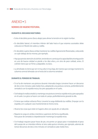 88     Protocolo de Atención a Pacientes con Fibromialgia




     ANEXO 5
     NORMAS DE HIGIENE POSTURAL


     DURANTE	EL	DESCANSO	NOCTURNO:

      • Evite el decúbito prono (boca abajo) para aliviar la tensión en la región lumbar.

      • En decúbito lateral, el miembro inferior del lado hacia el que estamos acostados debe
        colocarse en flexión de cadera y rodilla.

      • En decúbito supino (boca arriba) mantener las rodillas ligeramente flexionadas, colocando
        un cojín debajo de las mismas, por ejemplo.

      • Hay que prestar atención al colchón, teniendo en cuenta que la capacidad de amortiguación
        en uno de buena calidad se pierde a los diez años y en otro de peor calidad, antes. El
        colchón tiene que ser firme y adaptable, no duro.

      • La almohada no tiene que ser ni muy alta ni muy baja, de manera que consiga mantener la
        columna cervical alineada con el resto de la columna vertebral.


     DURANTE	EL	PERIODO	DE	TRABAJO:

      • Si se ha de mantener una postura durante intervalos largos conviene hacer un descanso
        de dos o tres minutos cada media hora, adoptando una postura correcta, preferiblemente
        sentado/a con la espalda recta y los pies apoyados en el suelo.

      • Si el trabajo lo realiza setado/a, mantenga una postura correcta: espalda recta y pies apoyados
        en el suelo. Los giros se hacen con todo el cuerpo, preferiblemente girando la silla.

      • Si tiene que realizar esfuerzo físico: Levante la carga doblando las rodillas. Empujar con la
        espalda y en cualquier caso manteniendo la misma recta.

      • Alcance las cosas que están en lugares altos con ayuda de un taburete.

      • Reparta la carga en ambos miembros superiores de forma equilibrada.
        Para pasar de sentado/a a bipedestación mantenga la espalda recta.

      • Si el trabajo requiere pasar horas de pie, encuentre un apoyo para ir trasladando el peso
        del cuerpo de un miembro inferior al otro cada quince minutos, por ejemplo, además de
        tomar descansos de dos o tres minutos en sentado/a cada media hora.
 