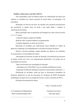 Medidas a adotar para o ano letivo 2013/14
- Dar continuidade à ação de melhoria número um: Identificação dos fatores que
explicam os resultados dos exames nacionais do ensino básico, em português e em
matemática.
-Realização, no início do ano letivo, de reuniões com a presença dos professores
que lecionaram os quintos anos, de modo a que sejam dadas a conhecer as
características dos alunos;
-Maior articulação entre os professores de Português dos vários ciclos de ensino
(1º, 2º e 3º ciclos);
- Criação de espaços e grupos de trabalho;
-Reflexão sobre as práticas didáticas em departamento;
-Avaliação diagnóstica no início do ano letivo;
-Realização de atividades que coletivamente forem definidas no âmbito de

planos de recuperação, de acompanhamento ou de desenvolvimento de alunos;
-Recurso a diversas estratégias, sempre ajustadas aos objetivos, aos conteúdos,

às características e às necessidades dos alunos;
-Participação dos docentes em ações de formação, de preferência que decorram
na própria escola com vista a um enriquecimento profissional e de acordo com as
necessidades dos mesmos.
- Maior envolvimento dos encarregados de educação.
- Articulação com o PNL/PNEP e com as atividades da Biblioteca Escolar.
-Exploração de diferentes tipologias de questões textuais (literal, inferencial…)
-Planificação de atividades, tendo por base os documentos orientadores do
Programa, disponíveis no sítio do min-edu.pt (ex: brochuras do PNEP; Orientações
metodológicas de apoio aos novos programas Escrita e Leitura e brochuras do PNL);
-Promoção da autonomia dos alunos.

Cuba, 17 de julho de 2013

A Coordenadora de Departamento

O professor da Turma +

Maria Fernanda Rodrigues Rito

João Jorge Aguiar

____________________________

____________________________
9

 
