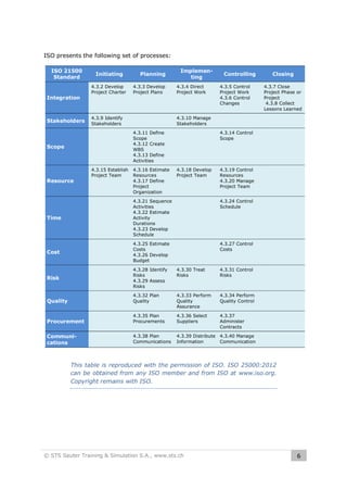ISO presents the following set of processes:
ISO 21500
Standard

Integration

Stakeholders

Initiating
4.3.2 Develop
Project Charter

Planning
4.3.3 Develop
Project Plans

4.3.9 Identify
Stakeholders

Implementing
4.3.4 Direct
Project Work

Resource

4.3.15 Establish
Project Team

4.3.5 Control
Project Work
4.3.6 Control
Changes

Closing
4.3.7 Close
Project Phase or
Project
4.3.8 Collect
Lessons Learned

4.3.10 Manage
Stakeholders
4.3.11 Define
Scope
4.3.12 Create
WBS
4.3.13 Define
Activities

Scope

Controlling

4.3.16 Estimate
Resources
4.3.17 Define
Project
Organization

4.3.14 Control
Scope

4.3.18 Develop
Project Team

4.3.19 Control
Resources
4.3.20 Manage
Project Team
4.3.24 Control
Schedule

Time

4.3.21 Sequence
Activities
4.3.22 Estimate
Activity
Durations
4.3.23 Develop
Schedule

Cost

4.3.25 Estimate
Costs
4.3.26 Develop
Budget

4.3.27 Control
Costs

Risk

4.3.28 Identify
Risks
4.3.29 Assess
Risks

4.3.30 Treat
Risks

4.3.31 Control
Risks

Quality

4.3.32 Plan
Quality

4.3.33 Perform
Quality
Assurance

4.3.34 Perform
Quality Control

Procurement

4.3.35 Plan
Procurements

4.3.36 Select
Suppliers

4.3.37
Administer
Contracts

Communications

4.3.38 Plan
Communications

4.3.39 Distribute 4.3.40 Manage
Information
Communication

This table is reproduced with the permission of ISO. ISO 25000:2012
can be obtained from any ISO member and from ISO at www.iso.org.
Copyright remains with ISO.

© STS Sauter Training & Simulation S.A., www.sts.ch

6

 