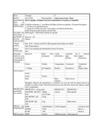 Área:           Aritaguá                             2
DATA:           10.12.2011           Nome/apelido: Uilson Suares Lima / Xoxa
Quantidade de   Barra, Iguape, Aritaguá, Juerana, Sambaituba, Urucutuca, Campinho
Área       de
Pesca, áreas   Conflitos existentes: 1 -ocorrência de Bagre africano na aguada e Tucunaré nas lagoas;
PRINCIPAIS     2- Jet Ski no rio pertubaa pesca;
               3- Água do rio entra nas casas. Isso esplica a existência de batentes.
               Indica Nego pescador de peixe de São João
Atividade dos Mariscagem – Ribeirinha camarão do aguado
informantes e
quantidade de Pesca X – 50
pessoas     em Outros:
cada atividade
 filiado    à Sim Z-34 – estima cerca150 a 200 segurados pelo defeso do robalo
colônia       Não 20 pescadores
possui        Sim X de arritaguá até sambaituba existem 50 canoas
embarcação    Não
Principais    Mariscos:             Ruim:      Pitu, Aratu:         Camarão      de       3    pessoas
mariscos para                       caranguejo        subsistência água        doce      pegam
a economia da                                                      ribeirão              Guaiamum
comunidade e
VALOR
              Peixes:                Robalo            Cangurupim, Curimã p3,             Camburim
                                                                                         açu,
                1 Tilápia             p2 Carapeba       Moreia,        Grumatá ou        Piupiu carpa.
Arte de pesca
                Jereré
                Anzol                 Tarrafa
                Rede                                   Rede           Rede (cerco)
                                                       (espera)
                Mergulho, Manzoá de espera(peixe e camarão). No caso da rede de espera bota-se de
                manhão e recolhe a tarde. Não pode dormir por causa da lontra, guaxinim, rapousa, jupati
                rato e cangurupim.
PRODUÇÃO        PRODUTO 1 – peixe geral                PRODUTO 2         PRODUTO 3
quantidade      DIA BOM - QUANT 100Kg                   Jul-set          Maré grande
por semana
                H/H                    4h X 4 dias
                DIA MÉDIO - QT         20 kg
                H/H
                DIA RUIM - QT          8 kg                              Maré morta
                H/H
PREÇO por       BOM                    18,00 Robalo 1ª 13,00 Carapeba                    nº Dia de Trab
PERIODO R$      MÉDIO                  13,00                                             Bom 4
                RUIM                   7,00                                              Ruim 0
MÊS da maré     BOM                    Set-fev          Médio mar-jun Ruim ago-set
 