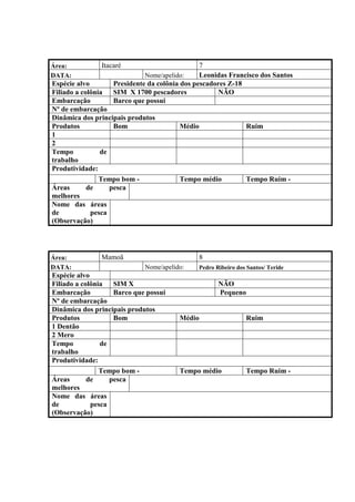 Área:          Itacaré                         7
DATA:                        Nome/apelido:     Leonidas Francisco dos Santos
Espécie alvo       Presidente da colônia dos pescadores Z-18
Filiado a colônia  SIM X 1700 pescadores             NÃO
Embarcação         Barco que possui
Nº de embarcação
Dinâmica dos principais produtos
Produtos            Bom                 Médio                  Ruim
1
2
Tempo           de
trabalho
Produtividade:
                Tempo bom -             Tempo médio            Tempo Ruim -
Áreas       de     pesca
melhores
Nome das áreas
de           pesca
(Observação)




Área:          Mamoã                          8
DATA:                        Nome/apelido:    Pedro Ribeiro dos Santos/ Teride
Espécie alvo
Filiado a colônia   SIM X                            NÃO
Embarcação          Barco que possui                 Pequeno
Nº de embarcação
Dinâmica dos principais produtos
Produtos            Bom                 Médio                  Ruim
1 Dentão
2 Mero
Tempo           de
trabalho
Produtividade:
                Tempo bom -             Tempo médio            Tempo Ruim -
Áreas       de     pesca
melhores
Nome das áreas
de           pesca
(Observação)
 