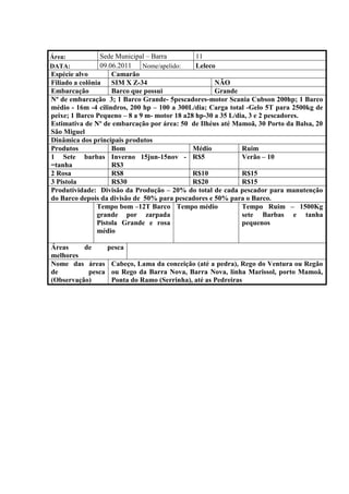 Área:            Sede Municipal – Barra        11
DATA:            09.06.2011   Nome/apelido:    Leleco
Espécie alvo         Camarão
Filiado a colônia    SIM X Z-34                      NÃO
Embarcação           Barco que possui                Grande
Nº de embarcação 3; 1 Barco Grande- 5pescadores-motor Scania Cubson 200hp; 1 Barco
médio - 16m -4 cilindros, 200 hp – 100 a 300L/dia; Carga total -Gelo 5T para 2500kg de
peixe; 1 Barco Pequeno – 8 a 9 m- motor 18 a28 hp-30 a 35 L/dia, 3 e 2 pescadores.
Estimativa de Nº de embarcação por área: 50 de Ilhéus até Mamoã, 30 Porto da Balsa, 20
São Miguel
Dinâmica dos principais produtos
Produtos             Bom                      Médio           Ruim
1 Sete barbas Inverno 15jun-15nov - R$5                       Verão – 10
=tanha               R$3
2 Rosa               R$8                      R$10            R$15
3 Pistola            R$30                     R$20            R$15
Produtividade: Divisão da Produção – 20% do total de cada pescador para manutenção
do Barco depois da divisão de 50% para pescadores e 50% para o Barco.
                Tempo bom –12T Barco Tempo médio              Tempo Ruim – 1500Kg
                grande por zarpada                            sete Barbas e tanha
                Pistola Grande e rosa                         pequenos
                médio

Áreas     de       pesca
melhores
Nome das áreas      Cabeço, Lama da conceição (até a pedra), Rego do Ventura ou Regão
de         pesca    ou Rego da Barra Nova, Barra Nova, linha Marissol, porto Mamoâ,
(Observação)        Ponta do Ramo (Serrinha), até as Pedreiras
 