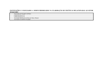 INSTITUIÇÕES E COLEGIADOS A SEREM PRIORIZADOS NA ELABORAÇÃO DE POLÍTICAS RELACIONADAS AO SETOR
PESQUEIRO
    Associação dos Pescadores da Barra
    Colônia de Pesca Z-19
    Colônia de Pesca Z-34
    Associação Beneficente da Ponta da Tulha e Mamoã
    Associação de catadeiras do Iguape
 