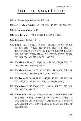 185
Documento da CNBB - 93
Í N D I C E A N A L Í T I C O
389. Acólito – Acolitato – 190; 197; 198
390. Afetividade / afetivo – 21; 81; 133; 145; 255; 256; 258; 260.
391. Afrodescendentes – 37
392. Ano Pastoral – 173; 184; 185; 186; 187; 188; 200.
393. Batismo – 45; 47; 142(11).
394. Bispo – 1; 3; 4; 5; 8; 21; 43; 54; 55; 61; 75; 76; 77; 87; 107; 109
(1); 111; 114; 117; 120; 122; 129; 140; 142; 144(4); 149; 151;
153; 156; 158(12); 159; 166; 185; 187; 190; 191; 193; 194; 201;
202; 242; 243; 267(1); 270(6); 280; 286(12); 297(7); 298(7);
319; 364; 370; 372; 377; 378; 381; 387; 388.
395. Caridade – 21; 44; 71; 73(1); 141; 199; 245; 252(9); 268; 277;
283; 284; 286(7.14); 291; 293; 311.
396. Caridade Pastoral – 53; 80; 87; 180; 184; 188(5); 201; 249;
254; 277; 291; 293; 298(6); 302(2); 361; 373; 378.
397. Celibato – 21; 36; 80; 81; 111; 143(9); 145; 181; 189; 199; 249;
253; 253(6.7); 254; 256; 258; 259; 281; 284(8); 294(3).
398. Ciências – 13; 57; 134(4); 172(1); 301(4); 314; 321; 325; 328;
329; 333; 350; 356; 385.
399. Comunhão – 21; 47; 48; 54; 55; 75; 76; 77; 78; 85; 87; 92; 96;
111; 115; 140; 141; 145; 188(2); 189; 201; 208; 213; 215; 217;
242; 245; 250; 252(10); 266; 267; 268; 269(3); 271; 277; 278;
279; 285; 291; 294(4); 297(7); 302(3); 306; 365(2); 371; 372;
373; 382; 383.
 