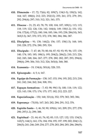 187
Documento da CNBB - 93
410. Dimensão – 17; 72; 73(6); 82; 109(7); 134(1-5); 150(3); 162;
164; 167; 188(6); 212; 223; 252(12); 255; 261; 272; 279; 291;
292; 294(4); 297; 310; 312; 321; 341; 375.
411. Diocese – 21; 25; 43; 78; 79; 100; 104; 107; 109(1); 113; 115;
118; 119; 122; 126; 136; 142; 144(4); 149; 150(1.2); 151; 152;
154; 172(4); 177(2); 180; 184; 185; 186; 193; 238; 286(10); 363;
365(3.5); 367; 370; 373; 372; 378; 380; 384; 386; 387.
412. Disciplina – 91; 138; 144(2); 156; 157; 158(1.5); 168; 169;
210; 228; 272; 276; 280; 295; 324.
413. Discípulo – 7; 47; 48; 70; 80; 84; 87; 92; 93; 95; 96; 137; 139;
140; 174; 183; 185; 188(1); 195; 204(2); 206(2); 210; 213; 226;
242; 245; 248; 266; 267; 277; 278; 280; 282; 287; 293; 294(4);
298(6); 299; 306; 310; 312; 324; 365(4); 368; 380.
414. Economia – 19; 134(4); 301(4); 328; 333.
415. Episcopado – 4; 5; 6; 167.
416. Equipe de Formação – 138; 147; 153; 194; 195; 202; 215; 218;
241; 242; 244; 262; 264; 308; 351;
417. Espaços formativos – 7; 83; 98; 99(1-5); 100; 118; 119; 122;
123; 143; 158; 173; 174; 175; 177; 182; 212; 223; 227.
418. Especialização – 150; 168; 321(4); 352; 379; 383; 385; 386;
419. Esperança – 73(10); 167; 263; 282; 284; 291; 312; 376.
420. Espírito Santo – 1; 46; 50; 90; 109(6); 141; 209; 251; 277; 278;
290; 297(1.2); 299; 388.
421. Espiritual – 21; 44; 61; 76; 82; 85; 115; 127; 132; 133; 134(3);
143(7); 144(1); 161; 176; 184; 194; 195; 197; 199; 202; 204(1.2);
206(5); 241; 246; 249; 254; 277; 278; 283; 284; 285; 286; 286(9);
 