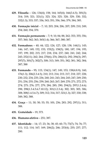 189
Documento da CNBB - 93
429. Filosoﬁa – 126; 134(4); 158; 164; 165(4); 166(3.4.5); 301(3);
314; 319; 321; 321(1); 323; 324; 325; 328; 329; 330; 332;
332(1.3); 333; 337; 336; 343; 351; 356; 366; 379; 384; 385.
430. Formação inicial – 7; 10; 203; 204; 206; 207; 209; 210; 249;
254; 260; 354; 370.
431. Formação permanente – 7; 9; 10; 84; 88; 262; 353; 355; 356;
357; 360; 362; 363; 365(1.4); 366; 367; 380; 387.
432. Formadores – 40; 44; 122; 124; 127; 128; 138; 144(1); 145;
146; 147; 149; 152; 153; 155(2); 158(5); 180; 187; 194; 195;
197; 199; 202; 215; 217; 218; 234; 237; 240; 241; 242; 244;
245; 252(11); 262; 264; 270(6); 276; 286(12); 292; 294(3); 297;
297(7); 301(7); 302(7); 308; 313; 349; 351; 382; 381; 382; 384;
387; 388
433. Formando – 95; 115; 134(1); 147; 149; 153; 158(4.8.9); 160;
176(1.3); 206(2.3.4.5); 210; 213; 214; 215; 217; 218; 227; 228;
230; 232; 234; 235; 236; 240; 241; 243; 244; 245; 247; 249; 250;
251; 254; 255; 256; 259; 260; 263; 267; 269; 270; 271; 272; 273;
274; 275; 276; 277; 279; 284; 285; 290; 294(3); 297(1.2.4.6);
298; 298(1.3.4.5.6.7.10.12); 301(1.2.3.4); 302; 303; 305; 306;
308; 308(1.4.5.6.7); 309; 312; 314; 317; 321(1.3); 327; 330; 338;
349; 382; 388.
434. Graça – 11; 30; 50; 53; 55; 101; 256; 283; 292; 297(1); 311;
388.
435. Gratuidade – 19; 373.
436. Humano-afetivo – 251; 387.
437. Identidade – 14; 17; 23; 36; 38; 45; 60; 73; 73(7); 74; 76; 77;
111; 112; 114; 167; 169; 206(2); 246; 253(4); 255; 257; 277;
280.
 