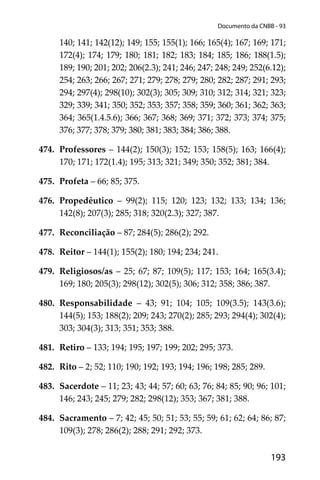193
Documento da CNBB - 93
140; 141; 142(12); 149; 155; 155(1); 166; 165(4); 167; 169; 171;
172(4); 174; 179; 180; 181; 182; 183; 184; 185; 186; 188(1.5);
189; 190; 201; 202; 206(2.3); 241; 246; 247; 248; 249; 252(6.12);
254; 263; 266; 267; 271; 279; 278; 279; 280; 282; 287; 291; 293;
294; 297(4); 298(10); 302(3); 305; 309; 310; 312; 314; 321; 323;
329; 339; 341; 350; 352; 353; 357; 358; 359; 360; 361; 362; 363;
364; 365(1.4.5.6); 366; 367; 368; 369; 371; 372; 373; 374; 375;
376; 377; 378; 379; 380; 381; 383; 384; 386; 388.
474. Professores – 144(2); 150(3); 152; 153; 158(5); 163; 166(4);
170; 171; 172(1.4); 195; 313; 321; 349; 350; 352; 381; 384.
475. Profeta – 66; 85; 375.
476. Propedêutico – 99(2); 115; 120; 123; 132; 133; 134; 136;
142(8); 207(3); 285; 318; 320(2.3); 327; 387.
477. Reconciliação – 87; 284(5); 286(2); 292.
478. Reitor – 144(1); 155(2); 180; 194; 234; 241.
479. Religiosos/as – 25; 67; 87; 109(5); 117; 153; 164; 165(3.4);
169; 180; 205(3); 298(12); 302(5); 306; 312; 358; 386; 387.
480. Responsabilidade – 43; 91; 104; 105; 109(3.5); 143(3.6);
144(5); 153; 188(2); 209; 243; 270(2); 285; 293; 294(4); 302(4);
303; 304(3); 313; 351; 353; 388.
481. Retiro – 133; 194; 195; 197; 199; 202; 295; 373.
482. Rito – 2; 52; 110; 190; 192; 193; 194; 196; 198; 285; 289.
483. Sacerdote – 11; 23; 43; 44; 57; 60; 63; 76; 84; 85; 90; 96; 101;
146; 243; 245; 279; 282; 298(12); 353; 367; 381; 388.
484. Sacramento – 7; 42; 45; 50; 51; 53; 55; 59; 61; 62; 64; 86; 87;
109(3); 278; 286(2); 288; 291; 292; 373.
 