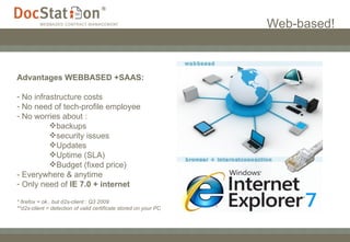 Web-based! Advantages WEBBASED +SAAS: No infrastructure costs No need of tech-profile employee No worries about : backups  security issues Updates Uptime (SLA) Budget (fixed price) - Everywhere & anytime Only need of  IE 7.0 + internet  * firefox = ok , but d2s-client : Q3 2009 **d2s-client = detection of valid certificate stored on your PC 