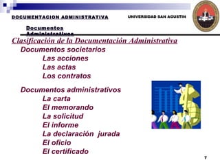 UNIVERSIDAD SAN AGUSTIN DOCUMENTACION ADMINISTRATIVA Documentos Administrativos Clasificación de la Documentación Administrativa Documentos societarios  Las acciones Las actas   Los contratos Documentos administrativos    La carta     El memorando     La solicitud     El informe     La declaración  jurada   El oficio     El certificado    