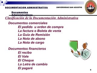 UNIVERSIDAD SAN AGUSTIN DOCUMENTACION ADMINISTRATIVA Documentos Administrativos Clasificación de la Documentación Administrativa Documentos comerciales    El pedido  u orden de compra   La factura o Boleta de venta  La Guía de Remisión   La Nota de abono     La Nota de cargo   Documentos financieros   El recibo   El Vale   El Cheque     La Letra de cambio  El pagaré   