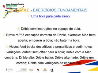  DRIBLE - EXERCÍCIOS FUNDAMENTAIS
 Uma bola para cada aluno:
 Drible sem instruções no espaço de aula.
 Breve ref.ª à execução correcta do Drible, exemplo: Mão bem
aberta; empurrar a bola; não bater na bola.
 Novos feed backs descritivos e prescritivos e pedir novas
variações: driblar sem olhar para a bola; Drible com a Mão
contrária; Drible alto; Drible baixo; Drible alternado; Drible em
corrida; Drible com variações do espaço; etc.
 