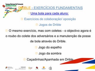  DRIBLE - EXERCÍCIOS FUNDAMENTAIS
Uma bola para cada aluno:
 Exercícios de colaboração/ oposição
 Jogos de Drible
 O mesmo exercício, mas com coletes - o objectivo agora é
o roubo do colete dos adversários e a manutenção da posse
de bola através do Drible.
 Jogo do espelho
 Jogo da sombra
 Caçadinhas/Apanhada em Drible
 