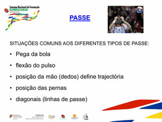 PASSE
SITUAÇÕES COMUNS AOS DIFERENTES TIPOS DE PASSE:
• Pega da bola
• flexão do pulso
• posição da mão (dedos) define trajectória
• posição das pernas
• diagonais (linhas de passe)
 