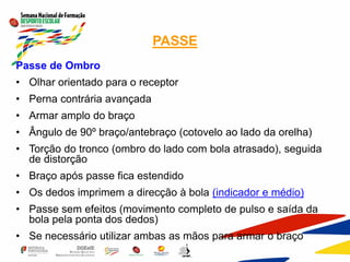 PASSE
Passe de Ombro
• Olhar orientado para o receptor
• Perna contrária avançada
• Armar amplo do braço
• Ângulo de 90º braço/antebraço (cotovelo ao lado da orelha)
• Torção do tronco (ombro do lado com bola atrasado), seguida
de distorção
• Braço após passe fica estendido
• Os dedos imprimem a direcção à bola (indicador e médio)
• Passe sem efeitos (movimento completo de pulso e saída da
bola pela ponta dos dedos)
• Se necessário utilizar ambas as mãos para armar o braço
 