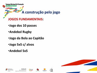 57
JOGOS FUNDAMENTAIS:
•Jogo dos 10 passes
•Andebol Rugby
•Jogo da Bola ao Capitão
•Jogo 5x5 c/ alvos
•Andebol 5x5
A construção pelo jogo
 