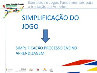 SIMPLIFICAÇÃO DO
JOGO
Exercícios e Jogos Fundamentais para
a iniciação ao Andebol
SIMPLIFICAÇÃO PROCESSO ENSINO
APRENDIZAGEM
 